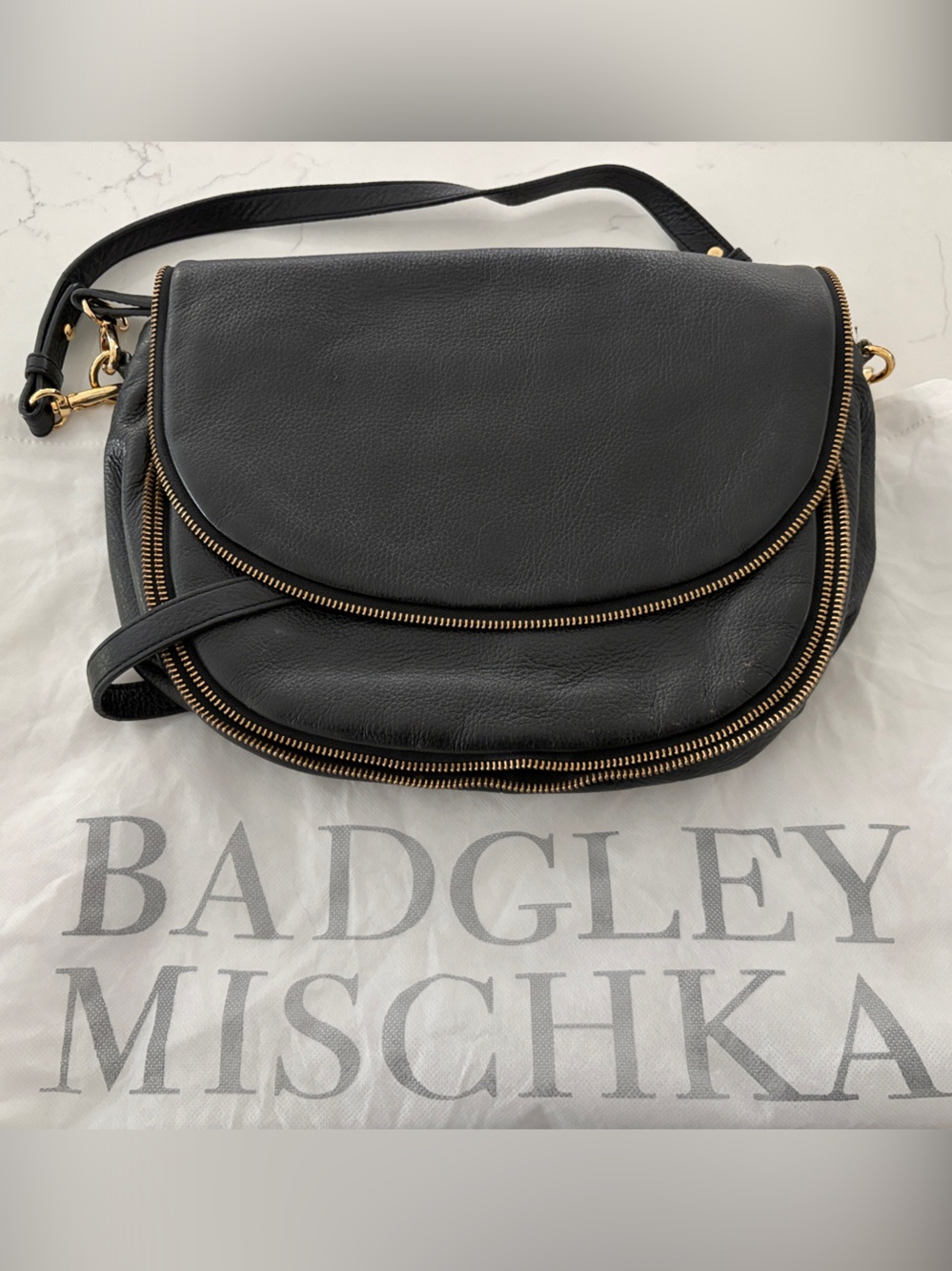 Badgley Mischka Black Pebbled Leather Crossbody with Gold Hardware